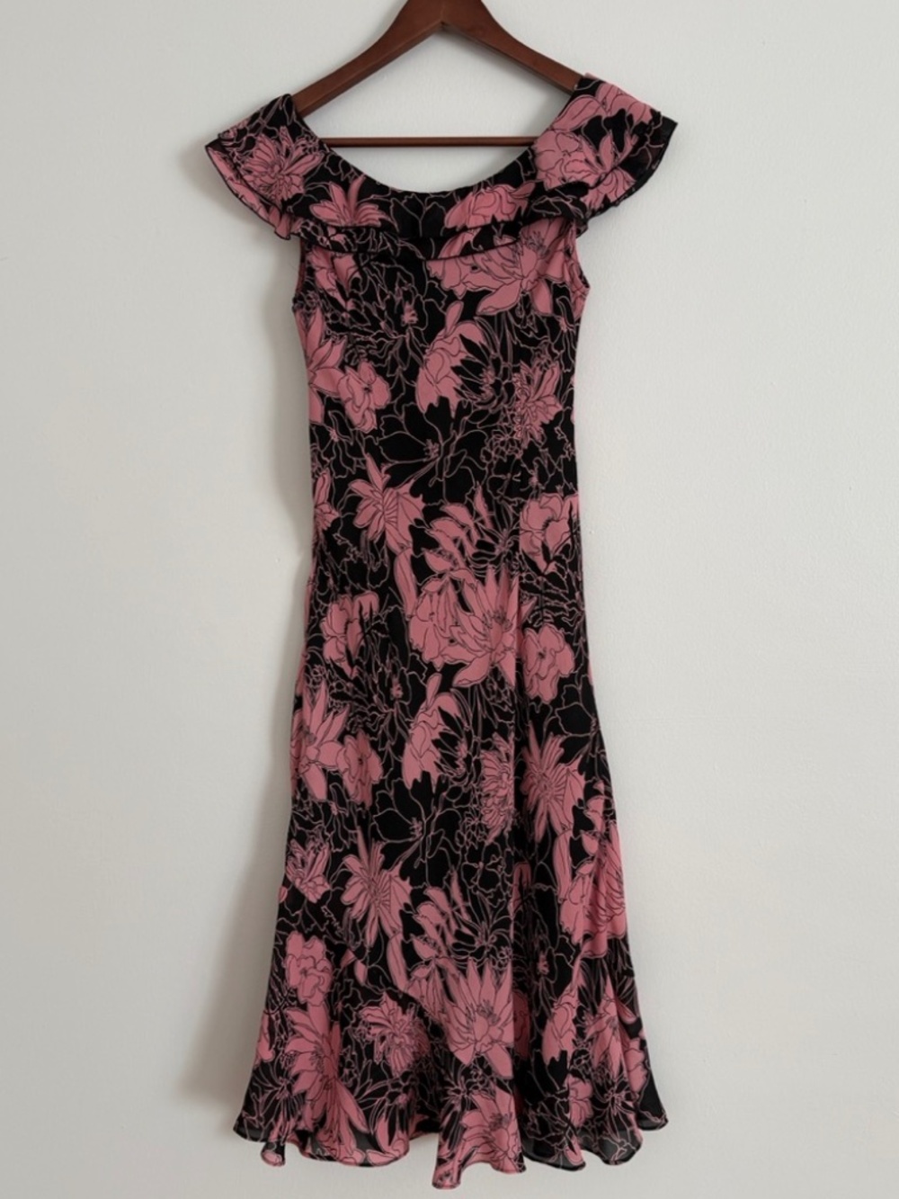 Vintage 90s Floral Ruffle Dress | Pink and Black | Size Small